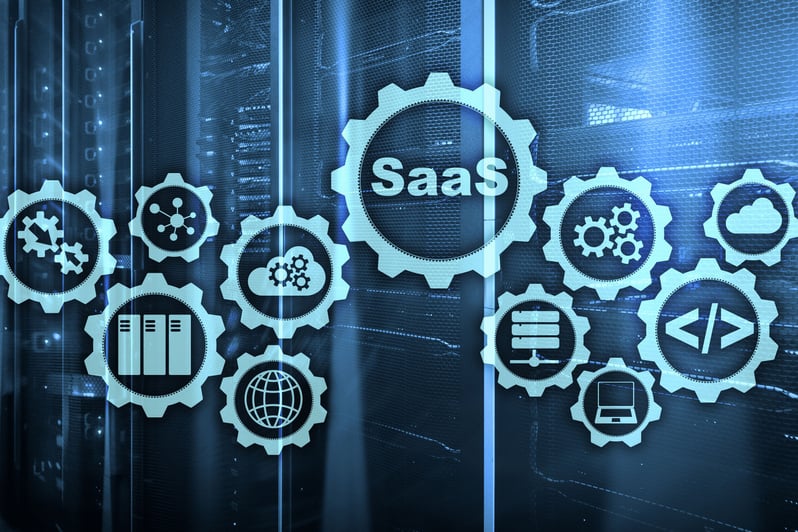 Software as a Service SaaS. Software concept. Modern technology model on a virtual screen server room background. Software On Demand.